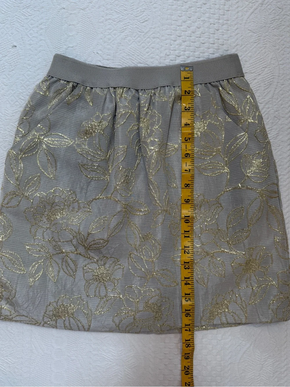 Women’s Gold Metallic Floral Brocade A-Line Skirt Elastic Waist XS Has Pockets!